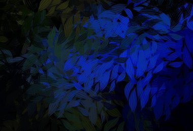 Koyu mavi, yapraklı yeşil vektör karalama deseni. Bulanık arka planda yaprakları olan eskiz karalamalar. Web ve broşürler için elle boyanmış tasarım.