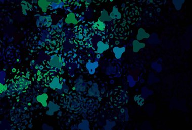 Koyu mavi, Memphis şekilli yeşil vektör arkaplan. Rastgele şekillerle soyut tarzda dekoratif tasarım. Web siteniz için basit tasarım.