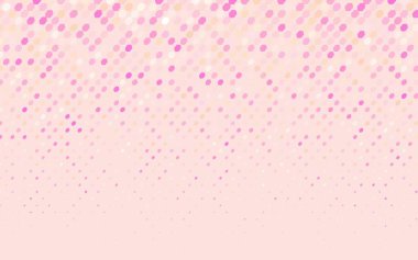 Açık Pembe, çemberlerden oluşan sarı vektör çizimi. İşiniz için noktalı gradyan tasarımı. Renkli benekli yarım ton biçiminde yaratıcı geometrik arkaplan.