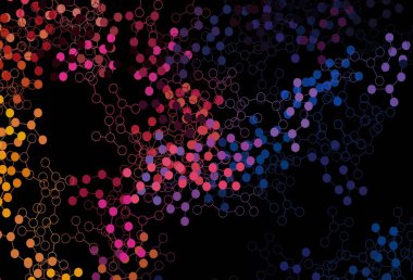 Koyu mavi, kırmızı vektör arkaplan ve yapay zeka verileri. Soyut şablondaki yapay zeka şekilleriyle parlayan illüstrasyon. Zeka ve yenilik reklamları için şablon.