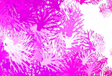 Açık pembe vektör arkaplanı dallarla karalıyor. Yaprakları karalama tarzında renkli ve soyut çizimler. Web siteniz için Doodle tasarımı.