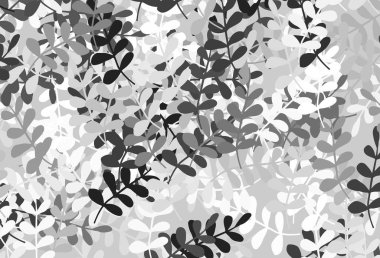Açık gri vektör arkaplanı yapraklarla karalıyor. Yapraklar ve karalamalar ile soyut çizimler. Duvar kağıdı tasarımınız için yeni bir doku.