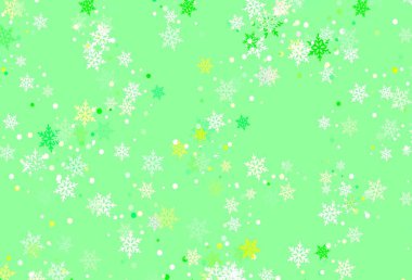 Açık yeşil, kırmızı vektör arkaplan ve xmas kar taneleri. Yılbaşı tarzında parlak renkli resimli kar. Poster ve afiş için yeni yıl tasarımı.