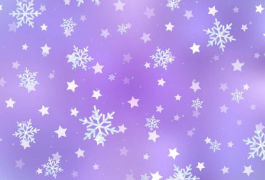 Hafif Mor vektör arkaplanı, Xmas kar taneleri, yıldızlar. Yılbaşı tarzında kar yağan rengarenk bir tasvir. Yeni yıl posterleri, afişler için tasarım.