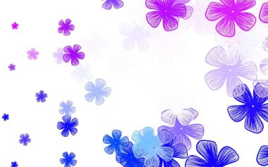 Açık pembe, çiçekli mavi vektör zarif arkaplan. Beyaz arka planda çiçeklerin dekoratif tasarımı. Web ve broşürler için elle boyanmış tasarım.