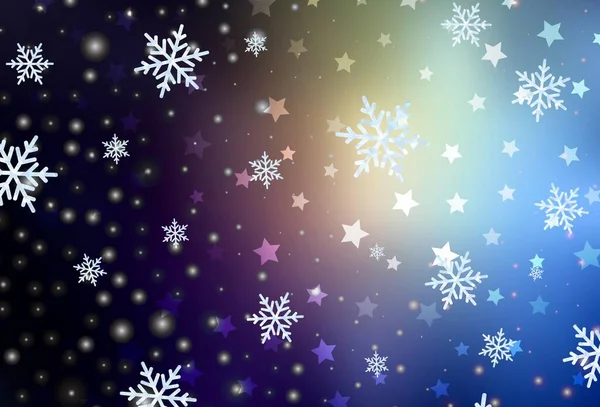 Azul Oscuro Plantilla Vector Amarillo Con Copos Nieve Hielo Estrellas — Vector de stock