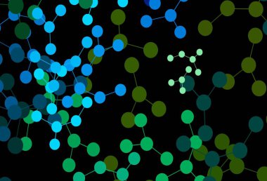 Koyu mavi, yeşil vektör arkaplan ve yapay zeka formları. Yapay zekanın bağlantı ve noktalarıyla soyut illüstrasyon. Poster ve teknoloji sembolü.