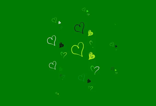 Verde Claro Fondo Vector Amarillo Con Corazones Brillantes Ilustración Inteligente — Archivo Imágenes Vectoriales