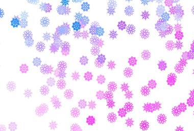 Açık pembe, mavi vektör desenli ve Noel kar taneli. Bulanık arkaplanda kar ve eğim. Reklamınız, posteriniz, afişiniz için yeni yıl tasarımı.