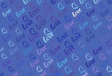 Açık pembe, karalama kalpli mavi vektör şablonu. Bulanık arkaplanda gradyan kalp şekilleri olan bir resim. Sevgililer günü ilanı ve kitapçıkları için bir model..