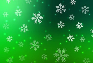 Koyu yeşil arka plan, güzel kar taneleri, yıldızlar. Yılbaşı tarzında kar yağan rengarenk bir tasvir. Yeni yıl reklamı için tasarım, kitapçıklar.