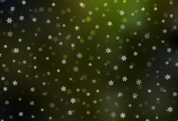 Tmavě Zelená Žluté Vektorové Uspořádání Jasnými Sněhovými Vločkami Hvězdy Glitter — Stockový vektor