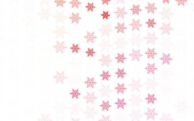 Parlak kar taneleri ve yıldızlı açık kırmızı vektör düzeni. Yılbaşı tarzında kar yağan rengarenk bir tasvir. Yeni yıl posterleri, afişler için tasarım.