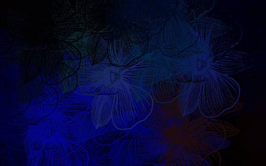 Koyu mavi, kırmızı vektör çiçekli soyut arkaplan. Çiçeklerle karalama tarzında renkli çizimler. Ağ ve ambalaj için elle boyanmış tasarım.