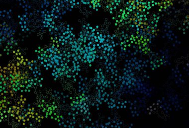 Koyu mavi, sarı vektör arkaplan ve yapay zeka verileri. Soyut şablondaki yapay zeka şekilleriyle parlayan illüstrasyon. Poster ve teknoloji sembolü.