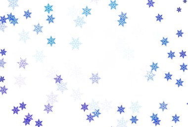 Renkli kar taneleri ve yıldızlarla açık mavi vektör dokusu. Kar taneleriyle modern geometrik soyut çizim. Yeni yıl arkaplanı için şablon.