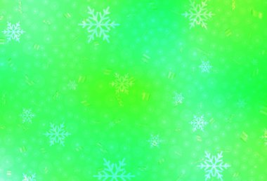 Açık yeşil, Noel tarzında sarı vektör deseni. Gradyan Noel topları, kar taneleri. Reklamlar, posterler, kitap afişleri için desen.