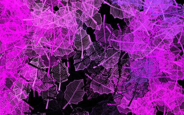 Koyu mor, yapraklı pembe vektör deseni. Yaprakları ve çiçekleri olan parlak renkli bir illüstrasyon. Çocuk kitapları için renkli desen.