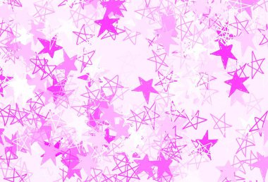 Parlak yıldızlı açık pembe vektör düzeni. Bulanık arkaplanda gradyanı olan yıldızlar. Fütürist reklamlar ve kitapçıklar için şablon.