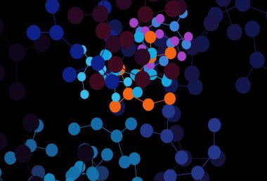 Koyu mavi, kırmızı vektör şablonu ve yapay zeka ağı. Renkli yapay zeka yapısı, eğimli çizgiler ve noktalar. Teklif verilerinin tanıtımı için akıllı tasarım.