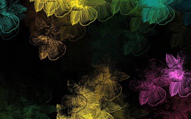 Koyu renkli doğal desenli çiçekler. Renkli, soyut karalama çiçekleri olan bir resim. Duvar kağıdı tasarımınız için yeni bir doku.