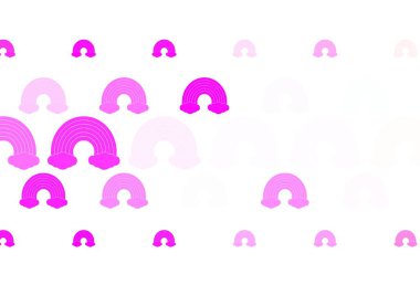 Gökkuşağı ve bulutlu açık pembe vektör arkaplanı. İzole edilmiş gökkuşağı işaretleri. En iyi tasarım mutlu olaylar.