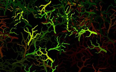 Koyu yeşil, sarı vektör, yaprakları ve dalları olan zarif bir arka plan. Yaprakları karalama tarzında renkli ve soyut çizimler. Web siteleri ve pankartlar için desenli desen.