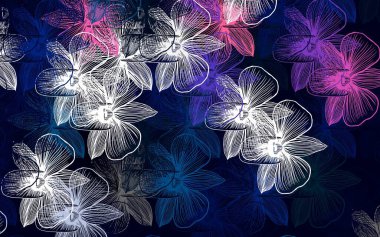 Açık pembe, çiçekli mavi vektör karalama arkaplanı. Beyaz arka planda çiçeklerin dekoratif tasarımı. Çocuk kitapları için renkli desen.