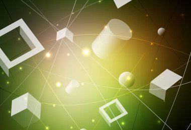 Koyu yeşil, sarı vektör desenli, daireli, küplü. Soyut tarzda dekoratif tasarım, çizgiler, noktalar, küplerle. Bir cep telefonu için arka plan.