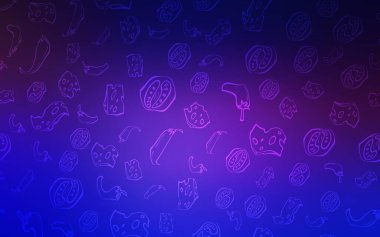 Açık Pembe, mavi vektör kaplamalı mutfak gurmesi. Gurme yemeklerle süslenmiş soyut bir taslak. Mutfakta yemek pişirme şablonu.