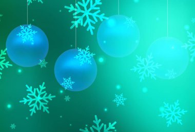 Açık yeşil vektör dokusu doğum günü tarzında. Yılbaşı topları ve kar taneleriyle soyut çizimler. Harfler ve tipografi için şablon.