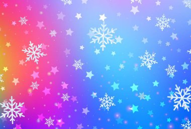 Açık mavi, kırmızı vektör arkaplan, Xmas kar taneleri, yıldızlar. Gradyan kristal buz formlarıyla soyut çizimler. Yeni yıl posterleri, afişler için tasarım.