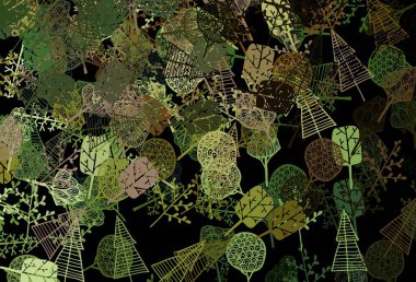 Koyu yeşil, sarı vektör doğal zemin, ağaçlar, dallar. Basit soyut arkaplandaki ağaçlar eğimli. Duvar kağıtları, boyama kitapları için desen.