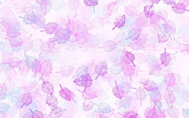 Açık pembe, yapraklı mavi vektör. Yaprakları ve çiçekleri olan parlak renkli bir illüstrasyon. Web siteniz için Doodle tasarımı.