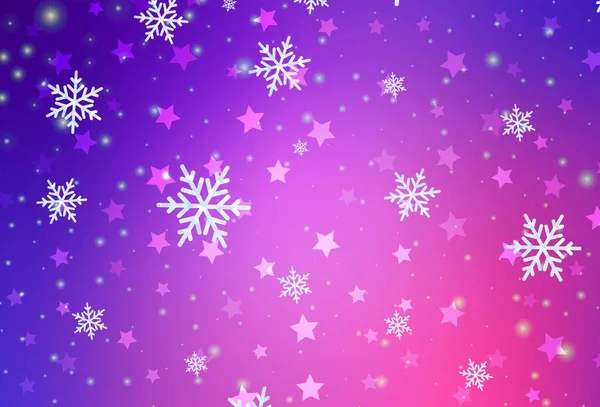 Açık Mor, parlak kar taneleriyle pembe vektör düzeni, yıldızlar. Gradyan kar formlarıyla parlayan renkli çizimler. Yeni yıl posterleri, afişler için tasarım.