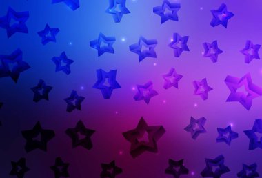 Koyu pembe, küçük ve büyük yıldızlı mavi vektör arkaplan. Bulanık arkaplanda gradyanı olan yıldızlar. Reklamınız, posteriniz, afişiniz için en iyi tasarım.