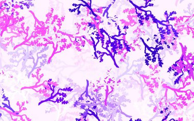 Açık Mor, pembe vektör karalama deseni yapraklı, dallı. Beyaz arka planda eskiz karalamalar. Çocuk kitapları için renkli desen.