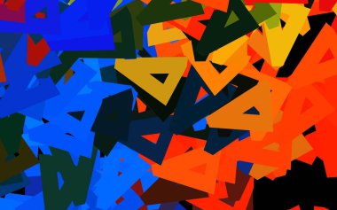 Üçgenli koyu renkli vektör arkaplanı. Soyut arkaplanda renkli eğimli üçgenler. Broşürler, broşürler için desen