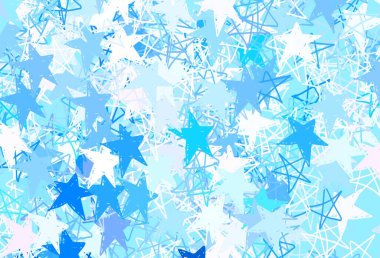 Açık Mavi, küçük ve büyük yıldızlı kırmızı vektör arkaplanı. Yıldızlı modern geometrik soyut çizim. Fütürist reklamlar ve kitapçıklar için şablon.