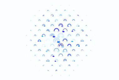 Gökkuşağı ve bulutlu hafif Mavili vektör arkaplanı. Renkli gökkuşağının rengarenk sembolleri. Çocuk tasarımı için örnek.