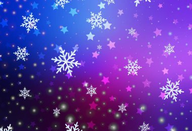 Koyu pembe, mavi vektör deseni, renkli kar taneleri, yıldızlar. Karlı Xmas tarzında renkli dekoratif tasarım. Yeni Yıl broşürleri için temel bölüm.