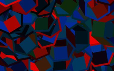 Koyu mavi, kırmızı vektör desenli ve renkli altıgenli. Bulanık arkaplanda renkli altıgenler. Duvar kağıtlarının dokusu için desen.