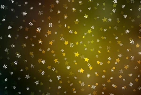 Verde Oscuro Plantilla Vector Amarillo Con Copos Nieve Hielo Estrellas — Vector de stock