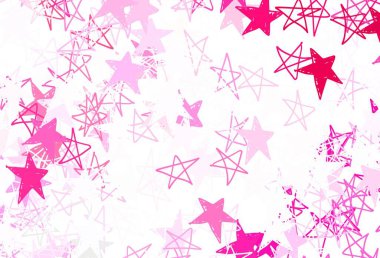 Renkli yıldızlı açık pembe vektör arkaplanı. Yıldızlı modern geometrik soyut çizim. Fütürist reklamlar ve kitapçıklar için şablon.
