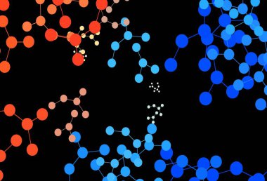 Koyu mavi, kırmızı vektör şablonu ve yapay zeka ağı. Soyut şablondaki yapay zeka şekilleriyle parlayan illüstrasyon. Poster ve teknoloji sembolü.