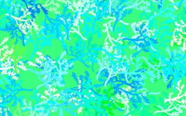 Açık mavi, yeşil vektör karalama dokusu yapraklarla, dallarla. Yaprakları ve dalları olan parlak renkli çizimler. Web siteleri ve pankartlar için desenli desen.