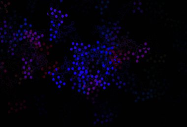 Koyu mavi, kırmızı vektör dokusu ve yapay zeka konsepti. Soyut şablondaki yapay zeka şekilleriyle parlayan illüstrasyon. Zeka ve yenilik reklamları için şablon.