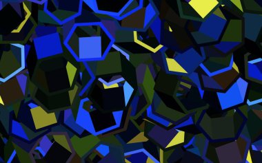 Koyu mavi, altıgen şekilli sarı vektör düzeni. Bulanık yüzeyde renkli altıgenlerin çizimi. Duvar kağıtlarının dokusu için desen.