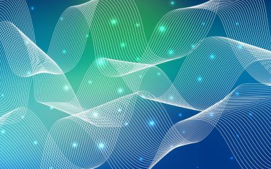 Açık mavi, yeşil vektör desenli ve noel kurdeleli. Soyut şablondaki kurdelelerle dekoratif parlak illüstrasyon. Şablon karnaval ve festival broşürlerinde kullanılabilir..