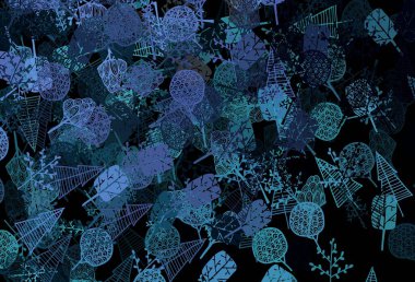 Koyu mavi, yeşil vektör karalama arkaplanı ağaçlar, dallar. Ağaçların karalama tarzında olduğu belirsiz soyut bir çizim. Web siteleri ve pankartlar için desenli desen.